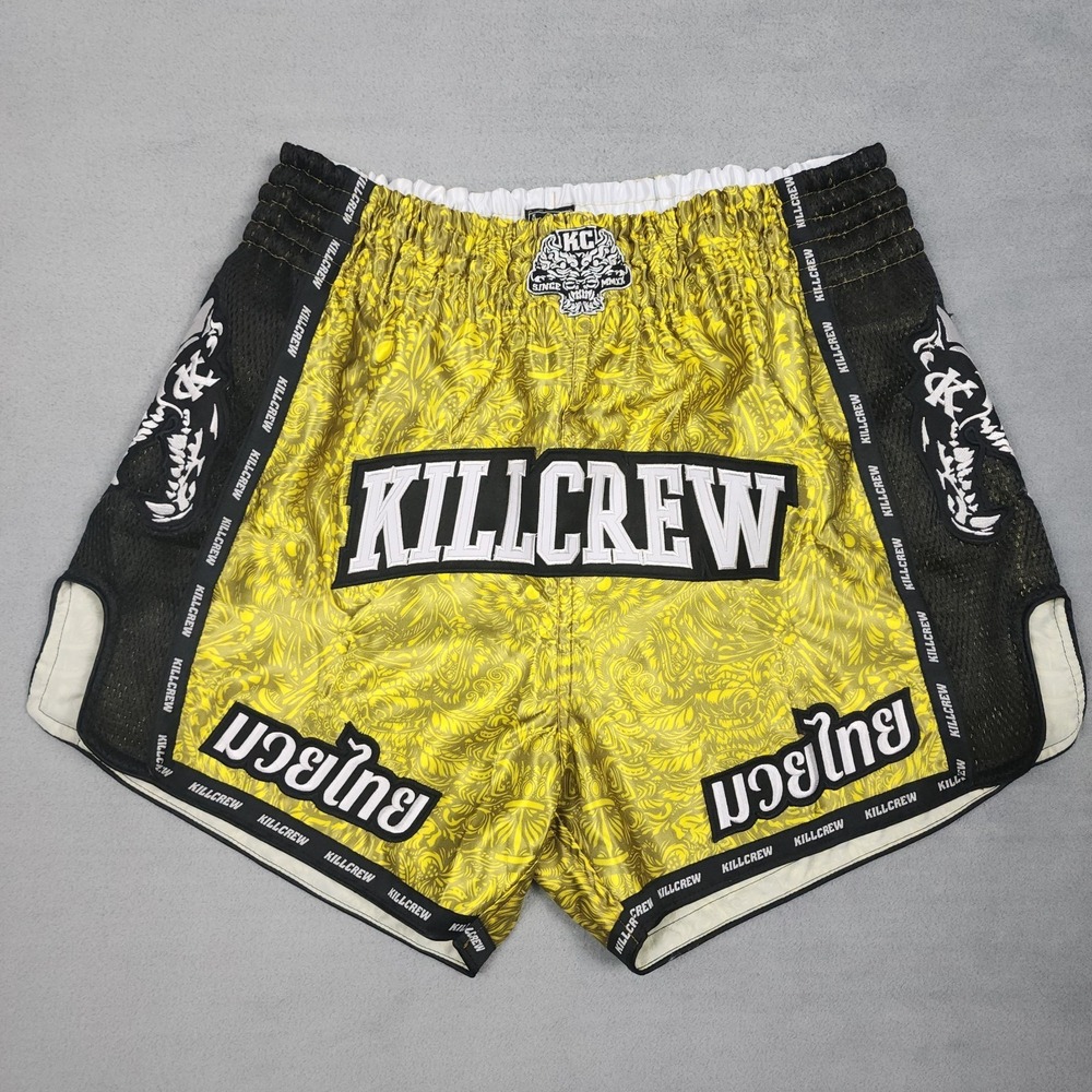 Kill Crew Muay Thai Shorts Mens XL Yellow MMA Kickboxing Boxing Fight Trunks